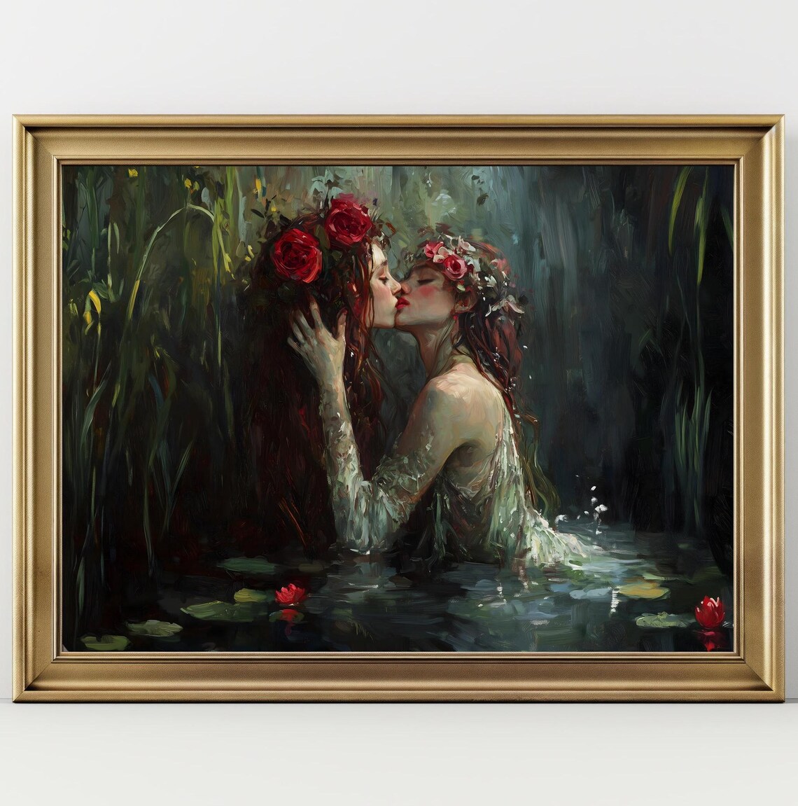 Two Red Haired Women Kissing In Dark Pond With Rose Crowns Impressionist Art Poster