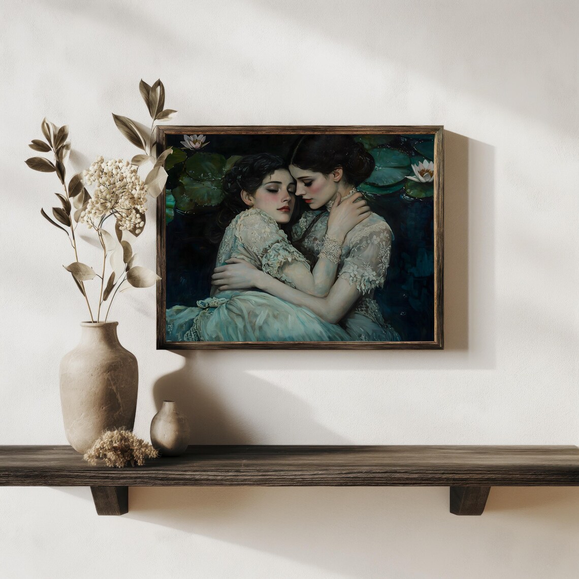 Two Women Embracing Lily Pond Dark Romantic Victorian Gothic Wall Art Poster - Image 4