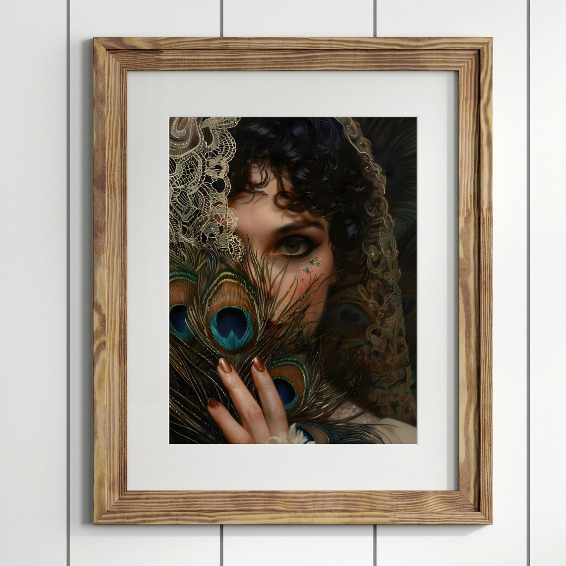 Victorian Woman Peacock Feather Fan Lace Pearls Dark Moody Art Print - Image 2