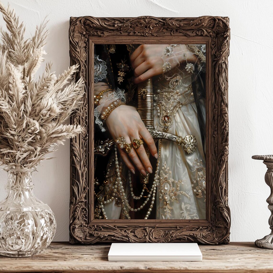 Victorian Hands Holding Jeweled Sword White Pearl Gown Moody Art Poster