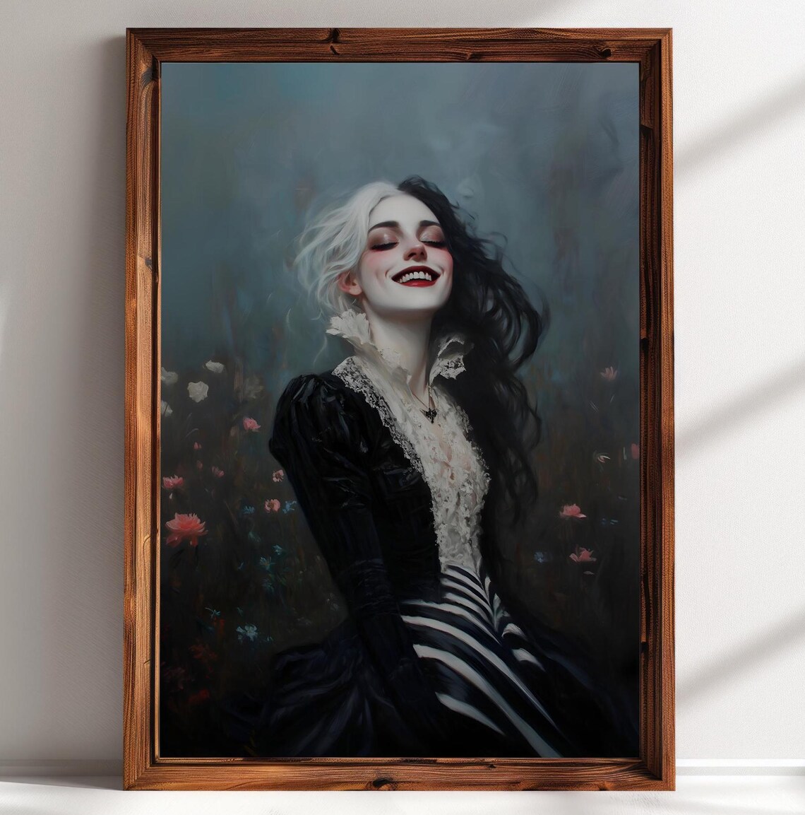 Joyful Witch With Black And White Hair Laughing Dark Floral Portrait Poster - Image 3