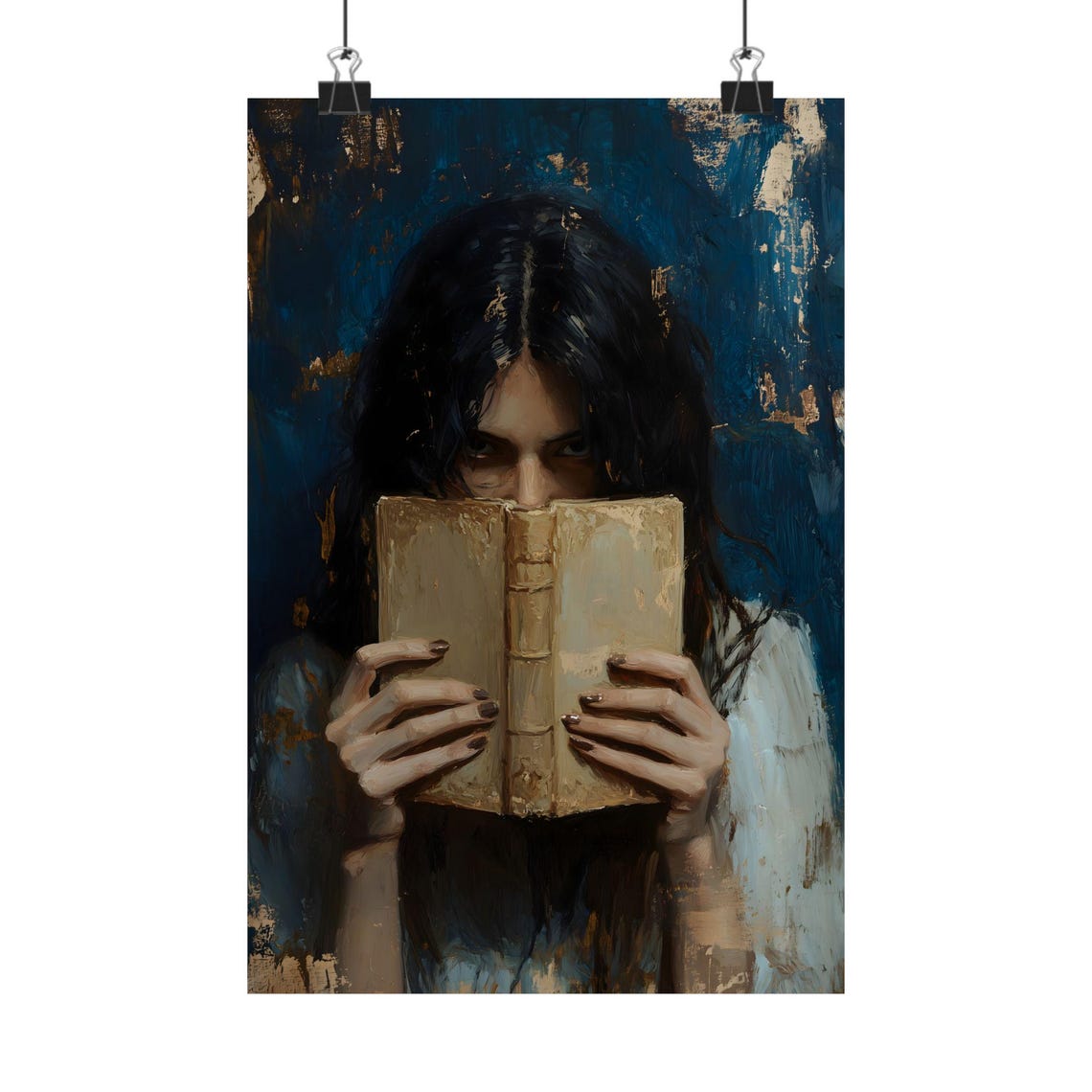 Woman Hiding Behind Old Book Moody Blue Bookish Goth Art Poster - Image 2