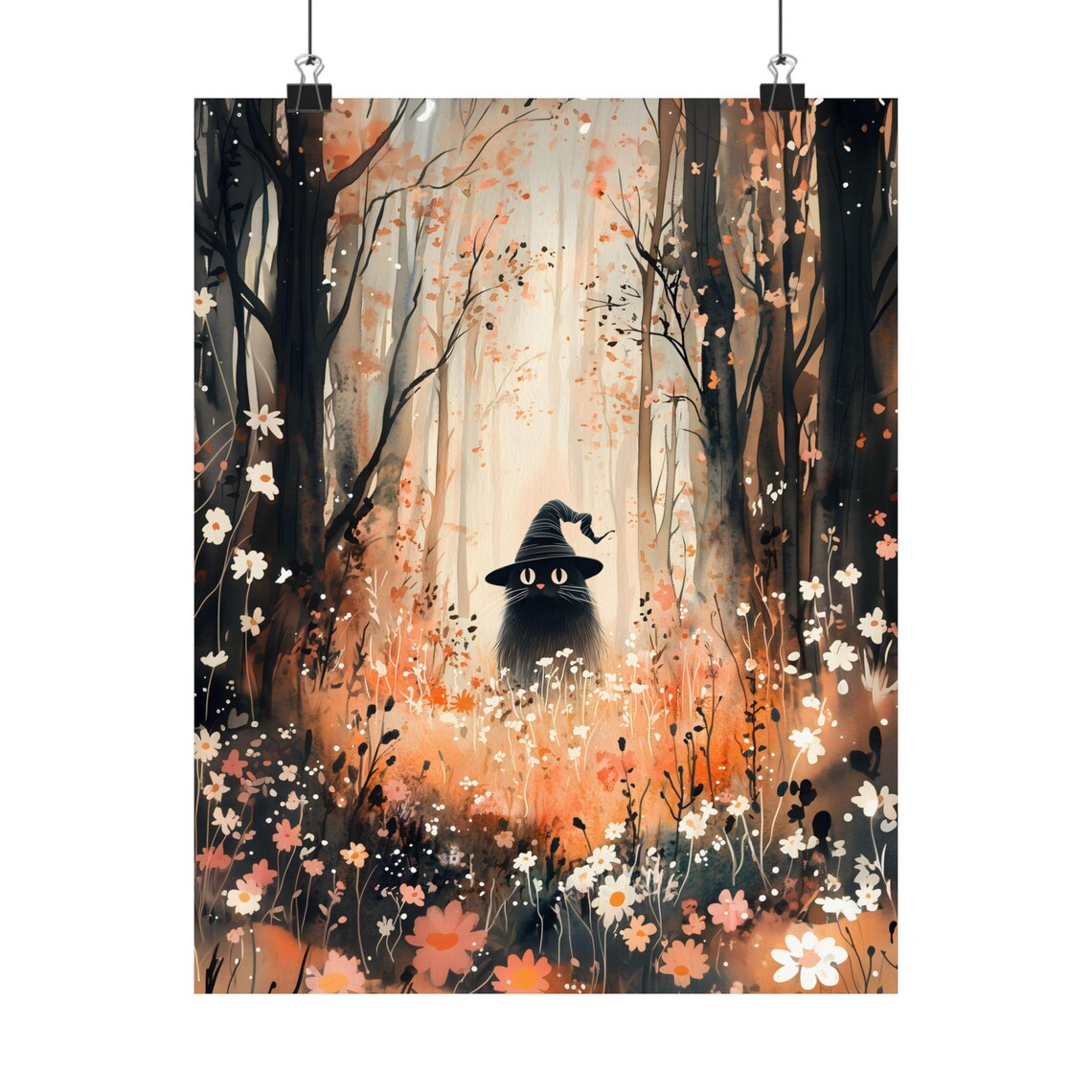Black Cat In Witch Hat Autumn Forest Watercolor Wildflower Meadow Spooky Poster - Image 2
