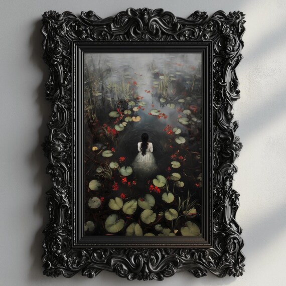 Ophelia White Dress Back View Red Flower Lily Pond Dark Gothic Poster