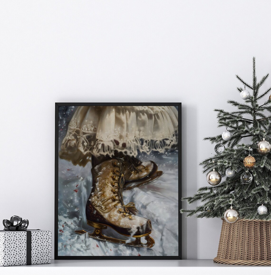 Vintage Ice Skates Close Up With Lace Skirt Winter Snow Art Poster - Image 2