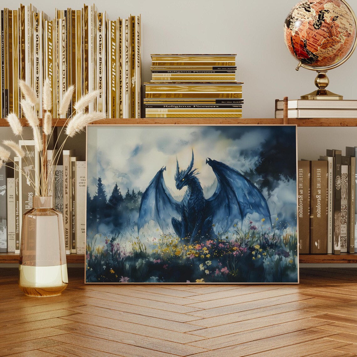 Dragon Watercolor Art Horizontal Poster Print Fantasy Art Forest And A Dragon Fantasy Painting Watercolor Illustration Dark Academia - Image 3
