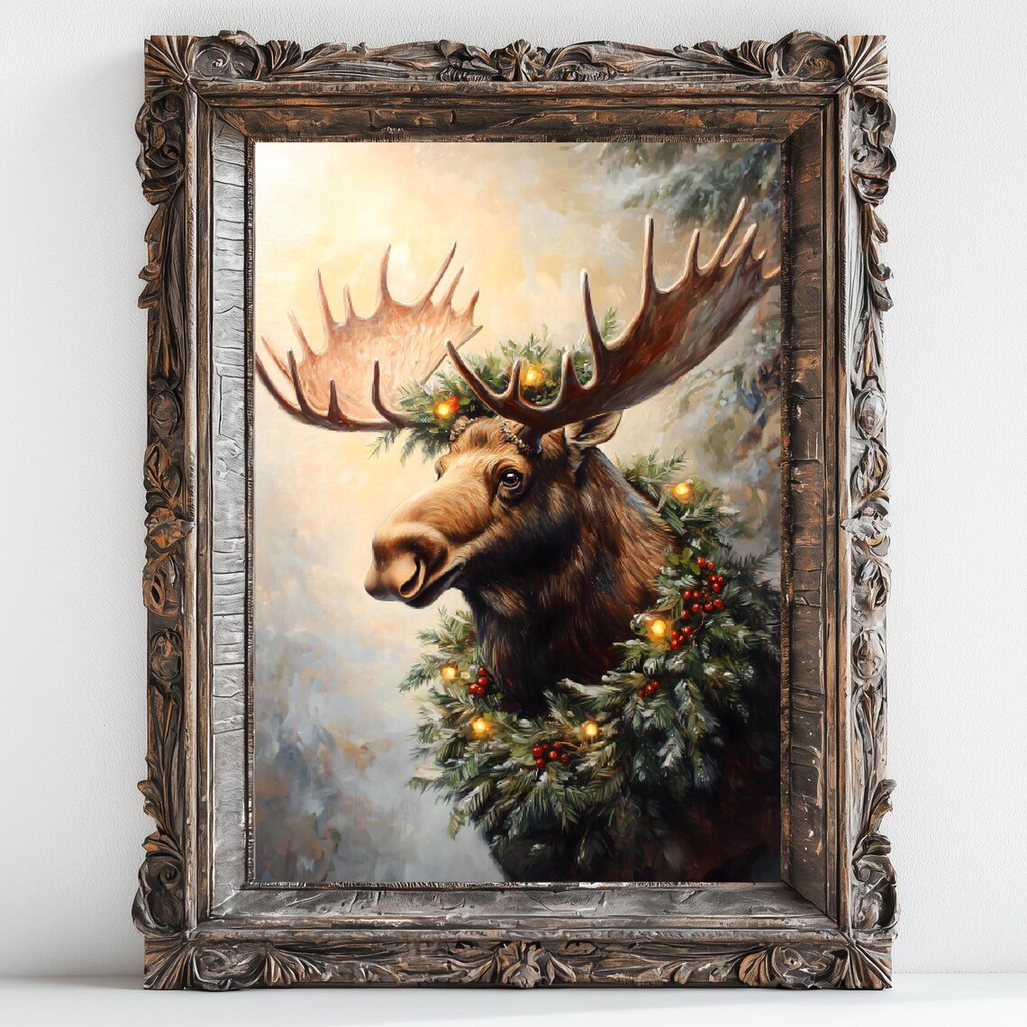 Moose Wearing Evergreen Christmas Wreath Snowy Winter Wildlife Poster - Image 2