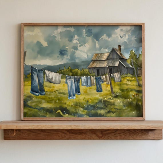Laundry On A Line Matte Horizontal Posters Laundry Room Art Vintage Cottagecore Garden Painting Print Farmhouse Wall Decor Country Art Print