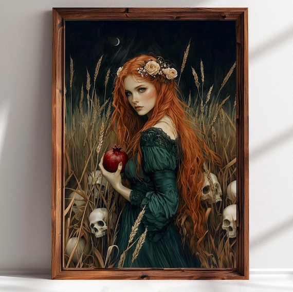 Persephone With Pomegranate Wall Art Dark Academia Decor Victorian Moody Wall Art Cottagecore Greek Goddess Greek Mythology Art Floral