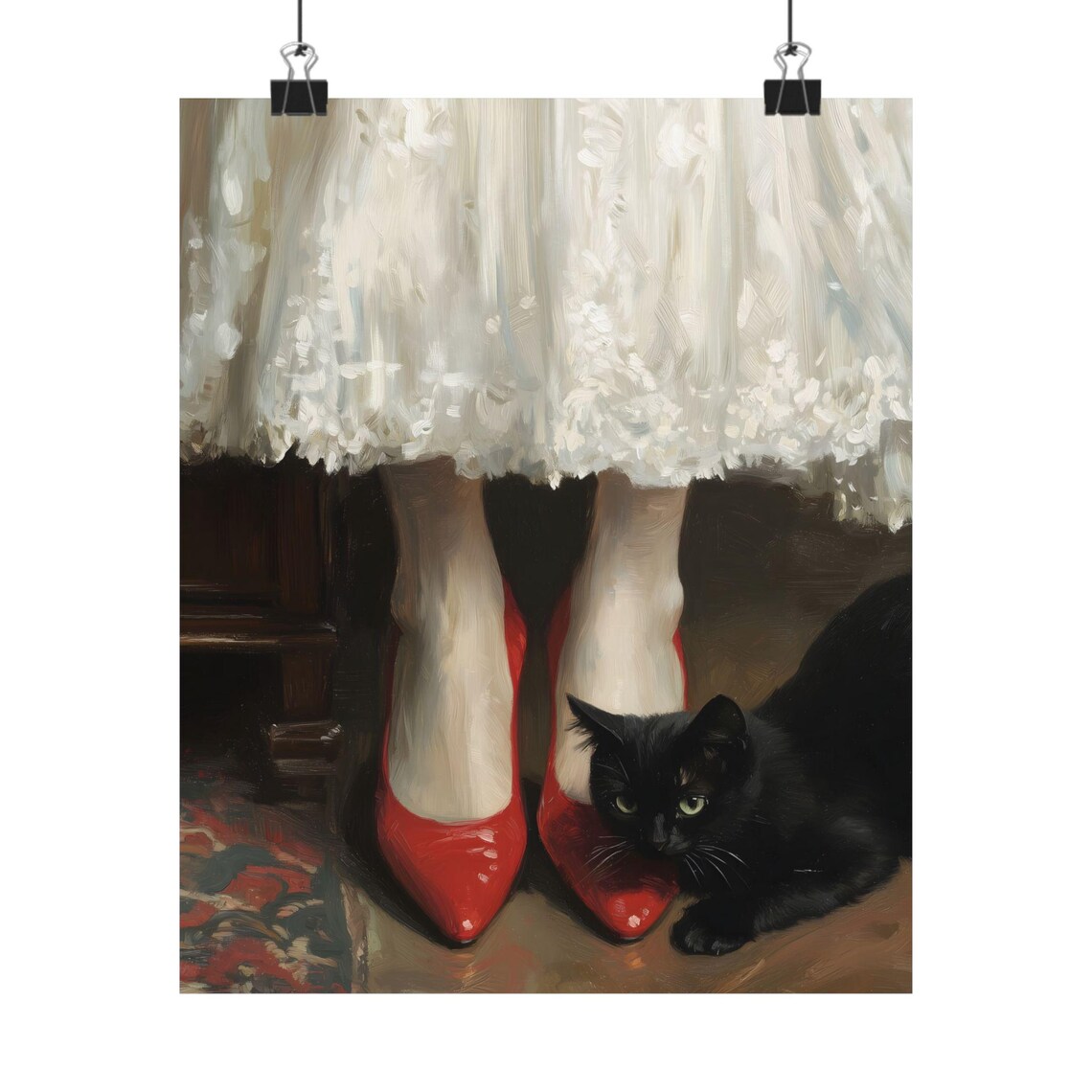 Black Cat with Woman in Red Heels Lace Dress Vintage Cat Poster - Image 2