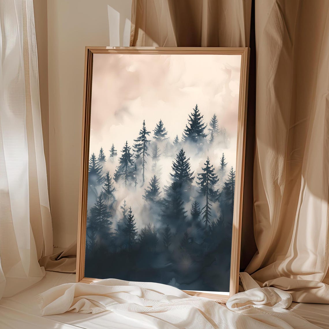 Moody Navy Blue Misty Pine Forest Fog Watercolor Dark Forest Art Print - Image 3