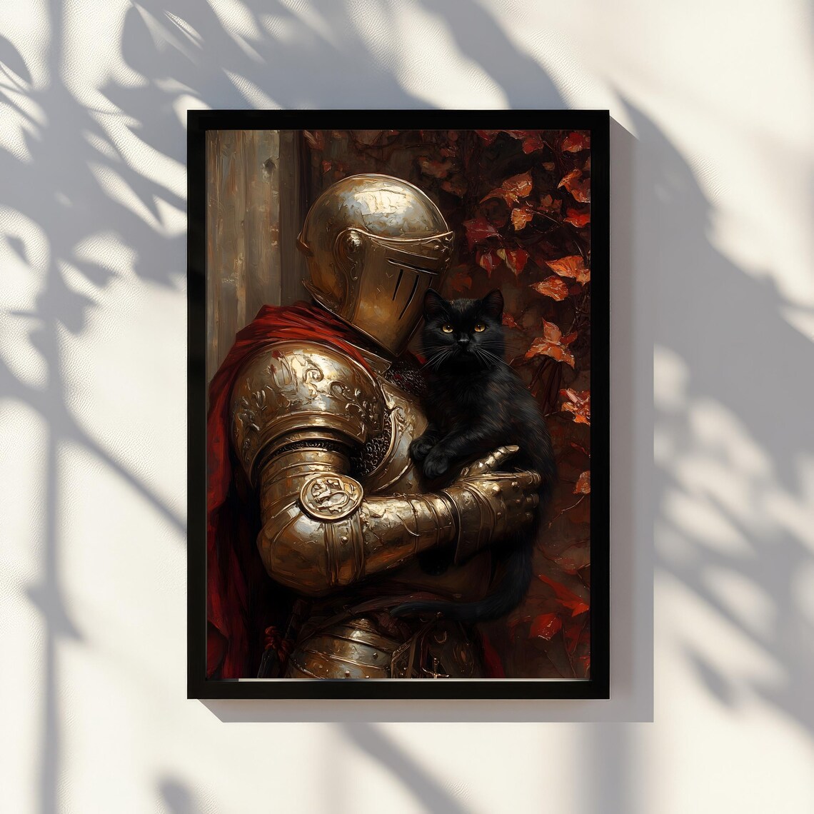 Knight In Golden Armor Holding Black Cat Autumn Leaves Dark Art Print - Image 2