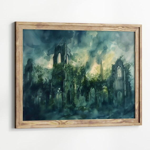 Abandoned Church Ruins Overgrown With Ivy Stormy Sky Watercolor Poster