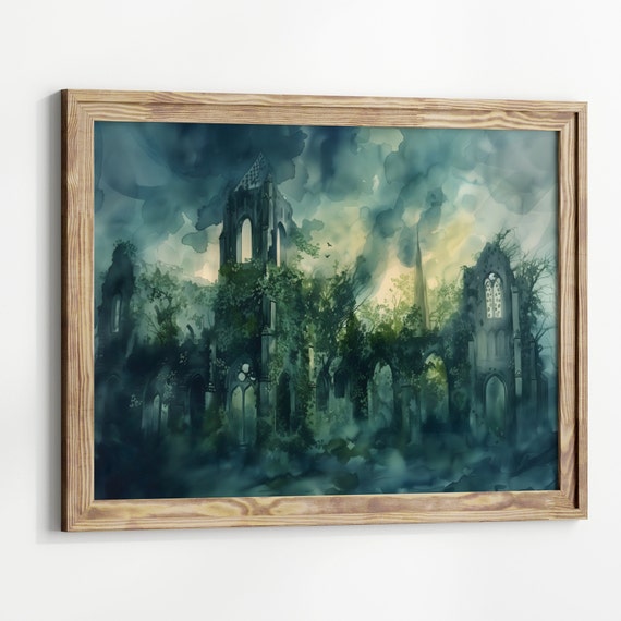 Dark Academia Abandoned Church Painting Wall Art Print Victorian Art Moody Print Witch Room Decor Vintage Botanical Aesthetic Gothic Art