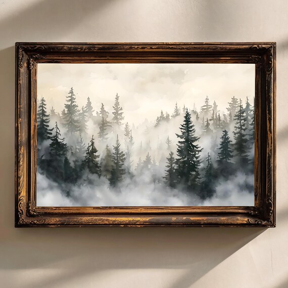 Pine Tree Forest Print Moody Foggy Landscape Vintage Pine Tree Forest Winter Landscape Print Misty Forest Fall Rustic Cabin Wall Decor