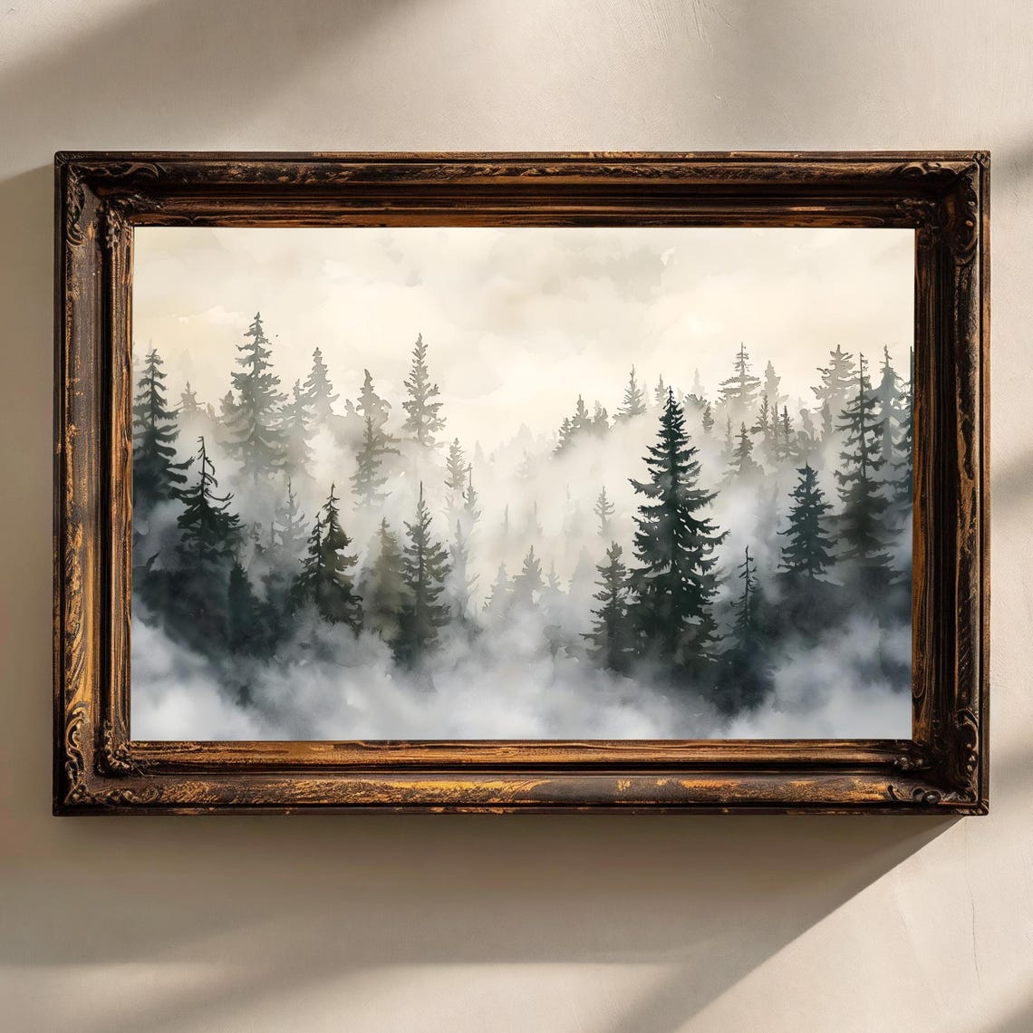 Misty Pine Forest Fog Watercolor Minimalist Landscape Art Poster