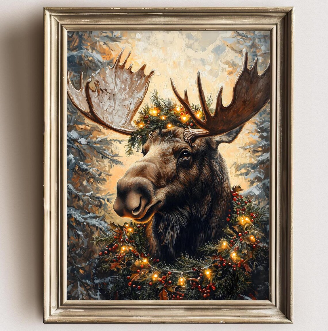 Vintage Christmas Moose Poster, Farmhouse Decor