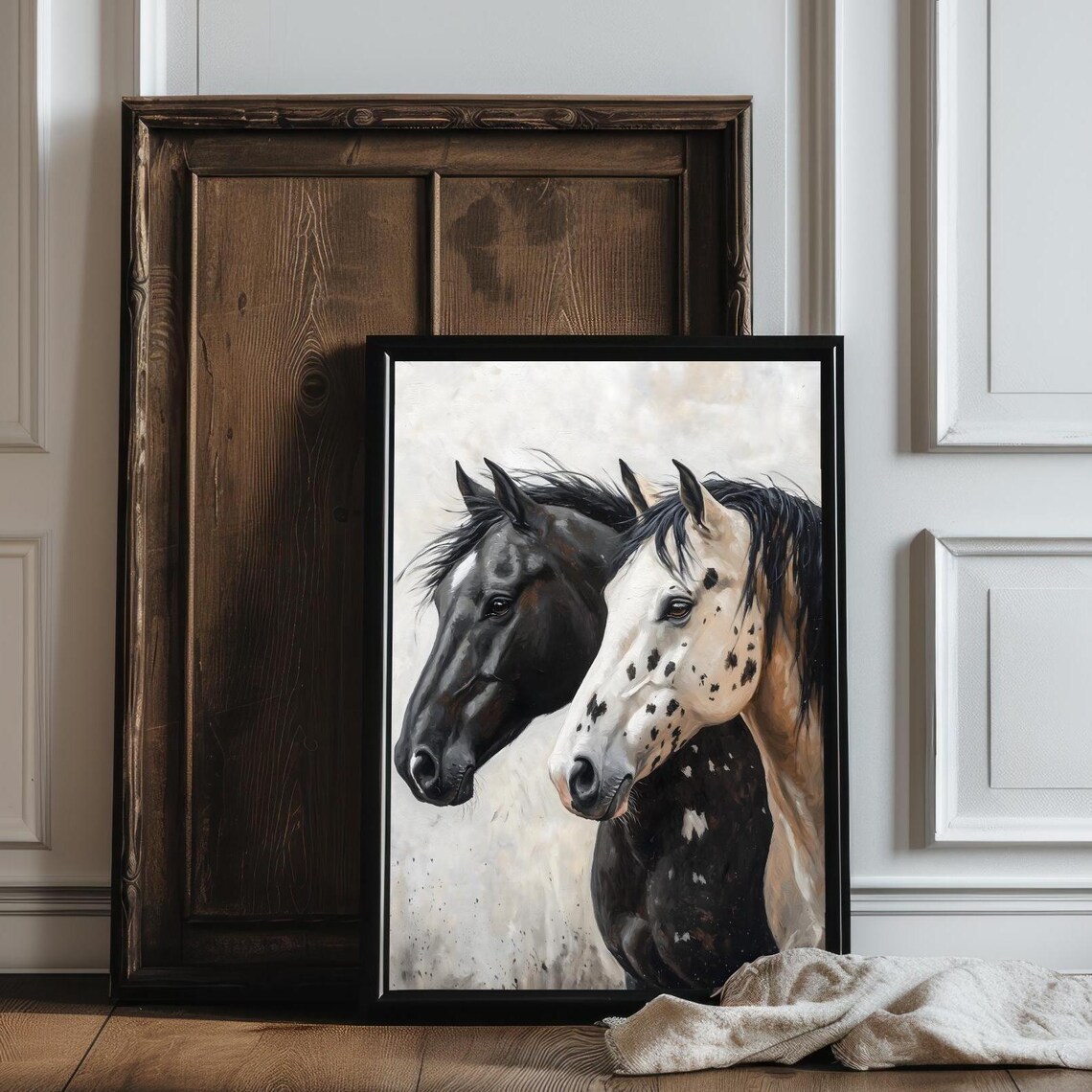 Black And White Appaloosa Horse Pair Oil Painting Equestrian Art Print - Image 3