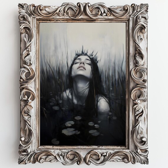 Ophelia Dark Crowned Woman Floating Lily Pads Black Water Gothic Poster