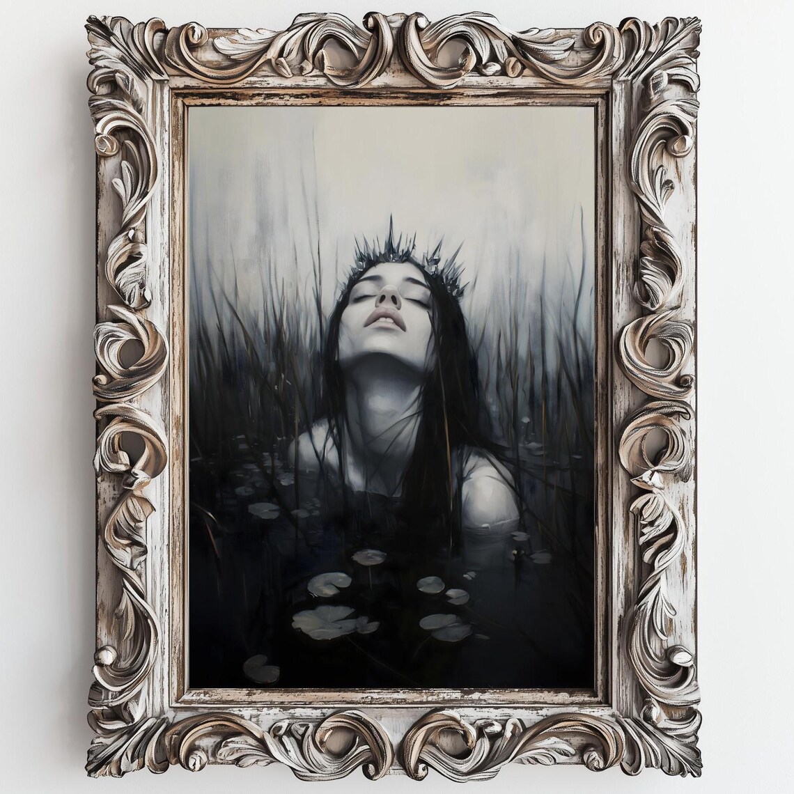 Ophelia Dark Crowned Woman Floating Lily Pads Black Water Gothic Poster