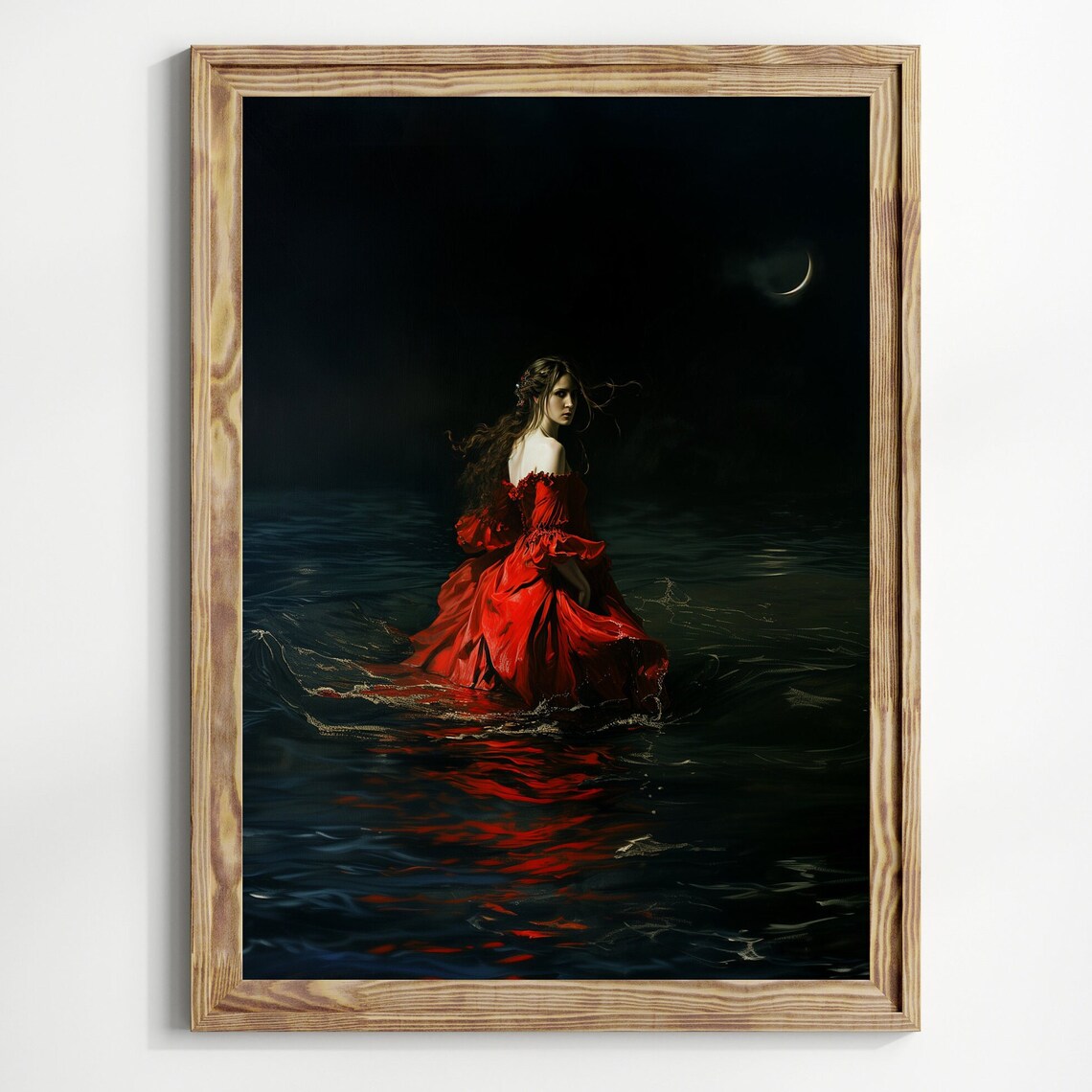 Red Dress Woman Moonlit Dark Water Crescent Moon Gothic Print - Image 2