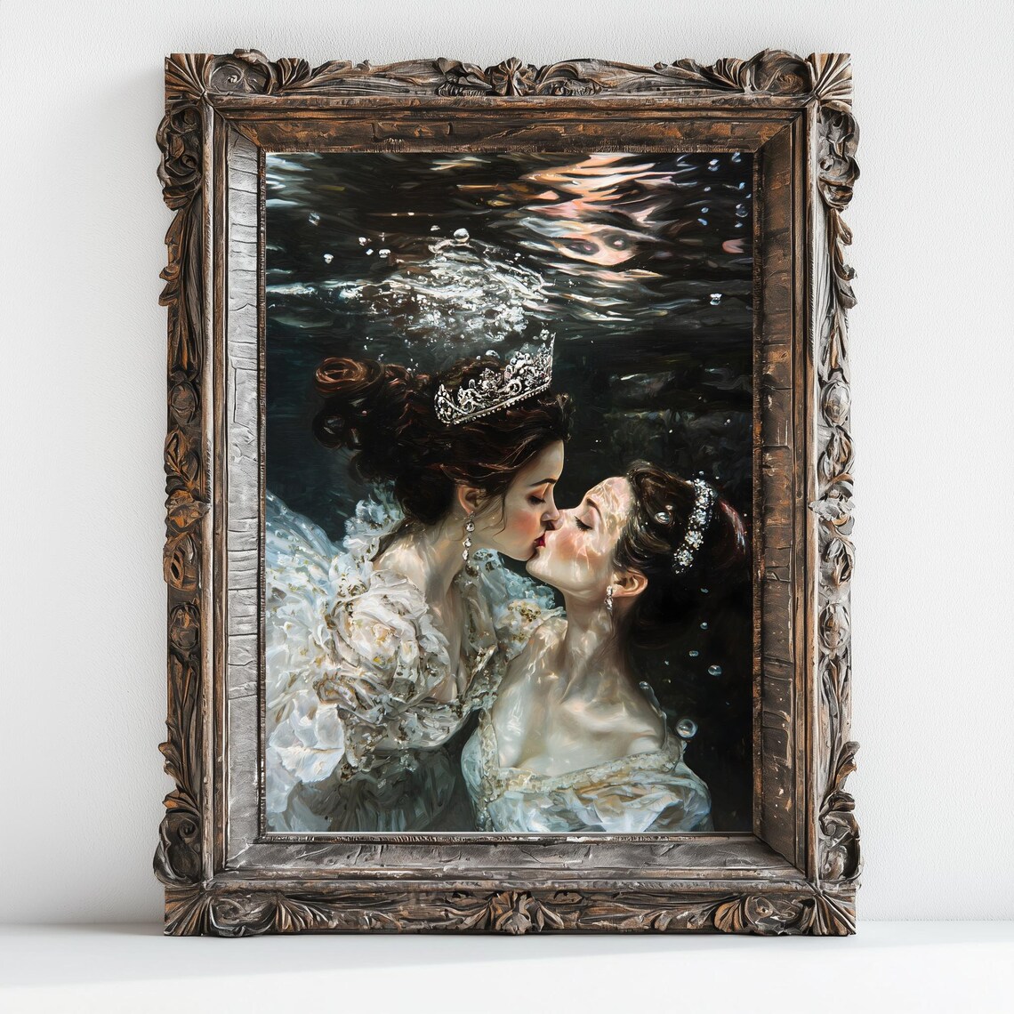 Two Queens Kissing Underwater White Gowns Tiara Romantic Sapphic Oil Painting Print - Image 3