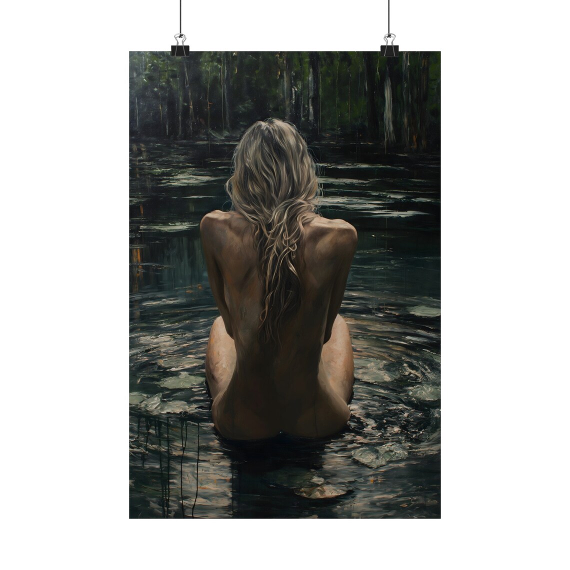 Woman Bathing In Dark Forest Lake Moody Water Nymph Painting Art Print - Image 2