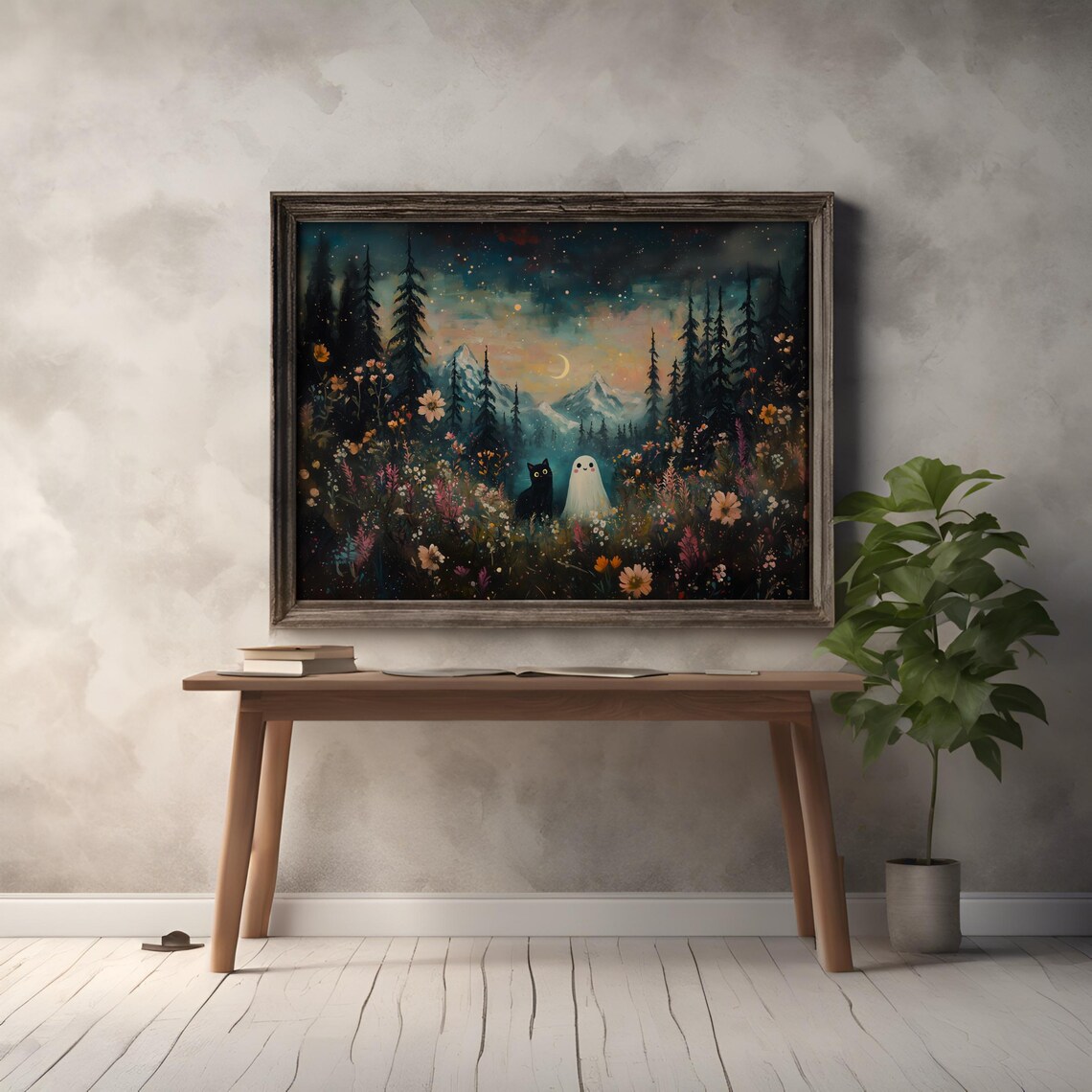 Ghost and Black Cat Meadow Art Print, Halloween Decor - Image 2