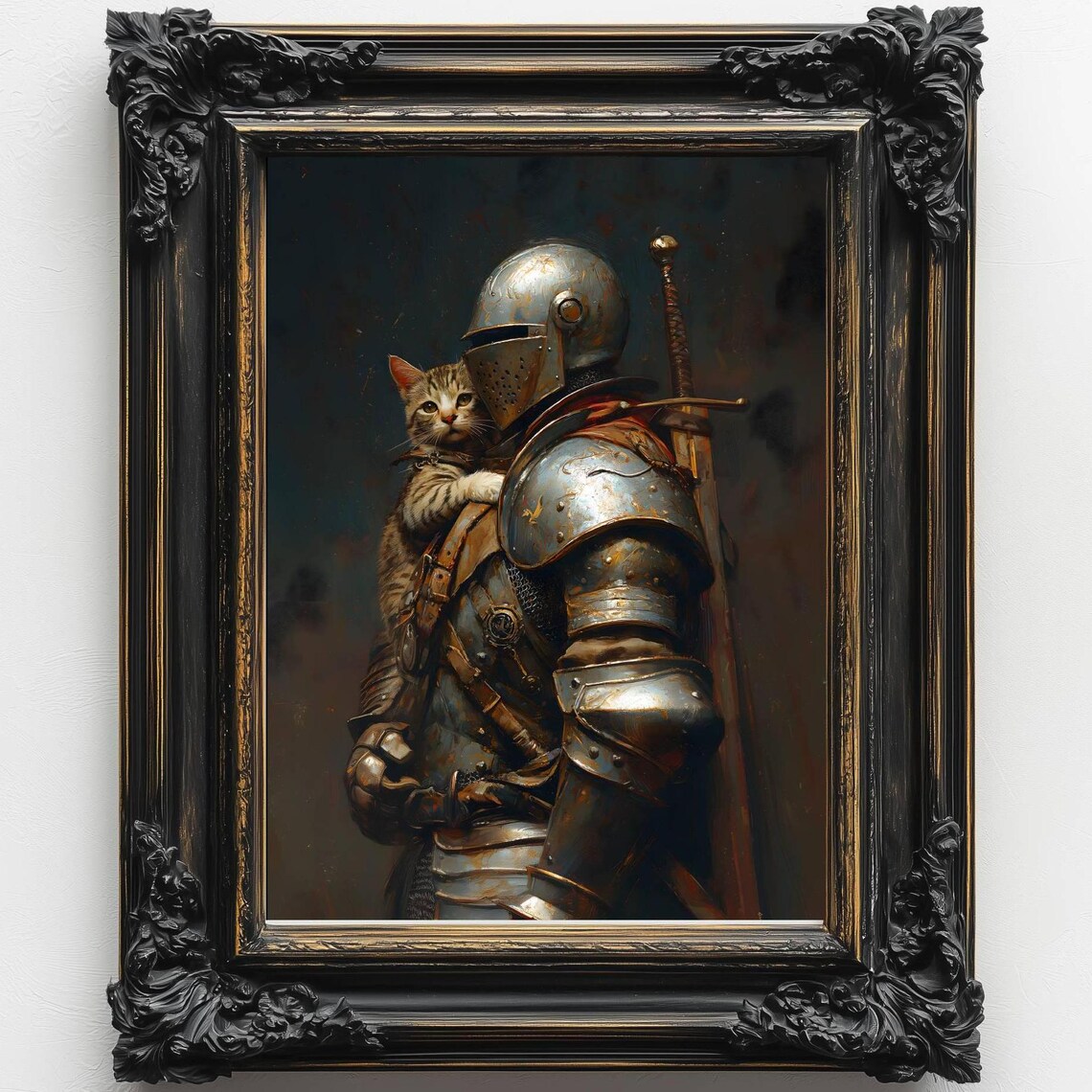 Medieval Knight With a Cat, Dark Academia Art Print