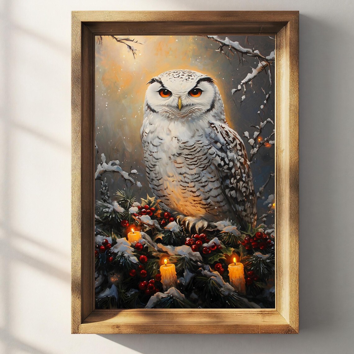Snowy Owl Golden Glow Holly Berries Candles Vintage Christmas Poster