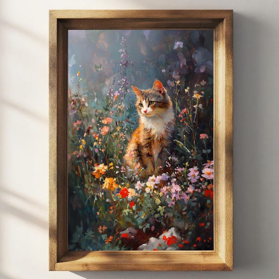Vintage Cottagecore Cat Floral Landscape Art Print