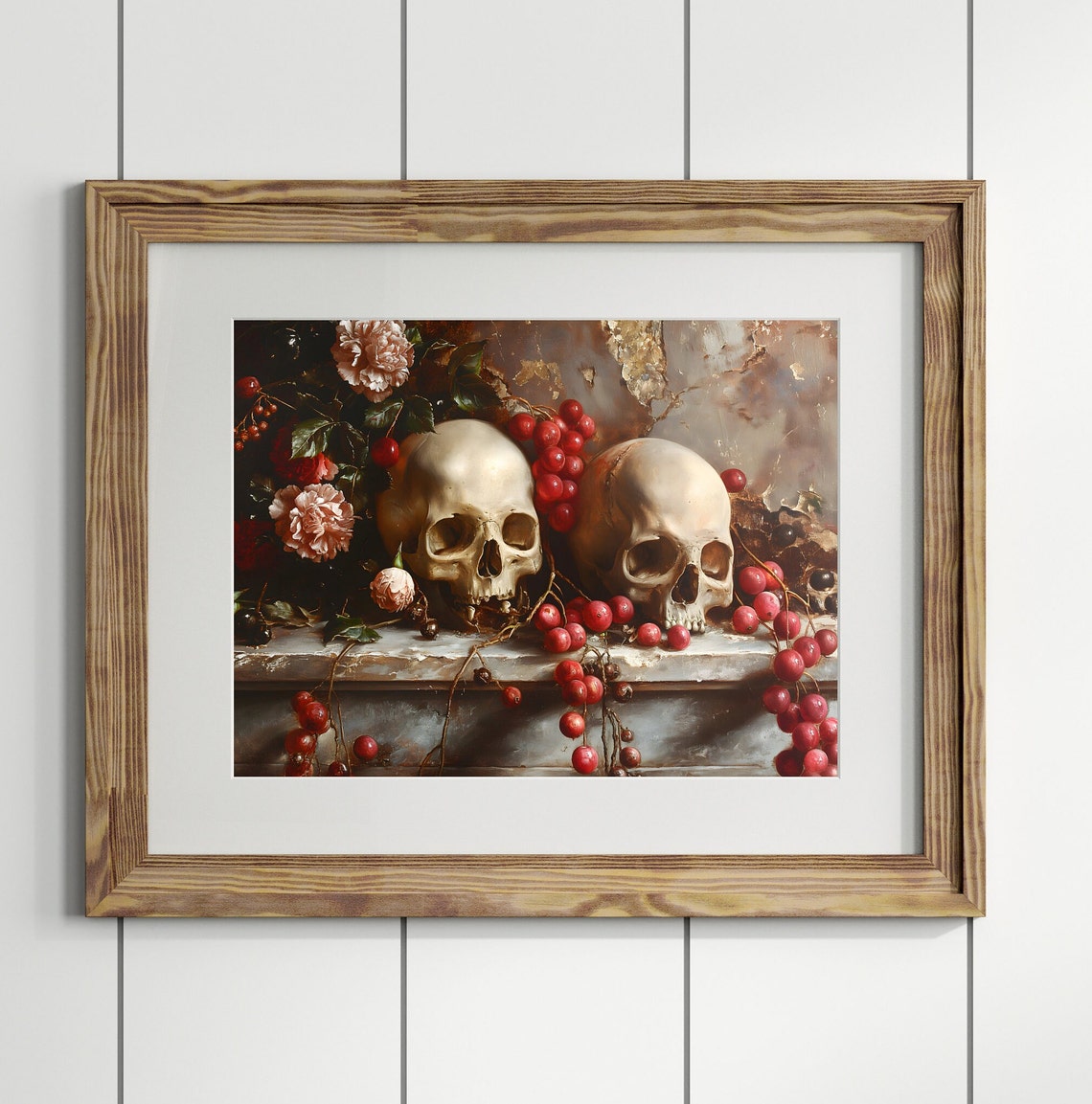 Two Skulls Red Cherries Pink Carnations Memento Mori Still Life Poster - Image 2