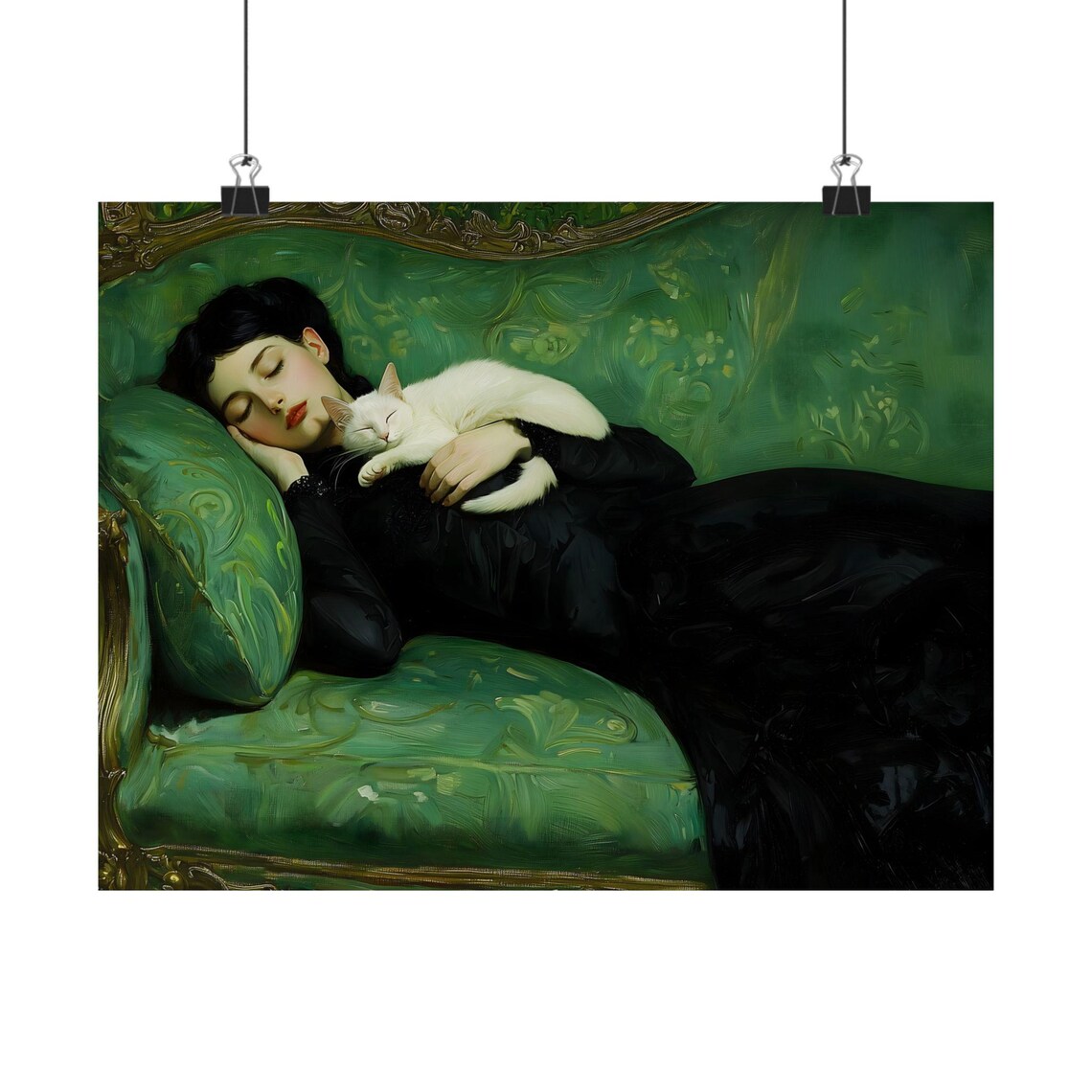 Woman Resting with White Cat on Green Velvet Couch Vintage Poster