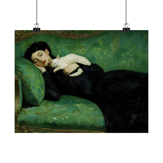 Cat And Woman On A Green Couch Victorian Print Dark Academia Victorian Home Decor Dark Art Wallart Elegant Wall Art Vintage Print