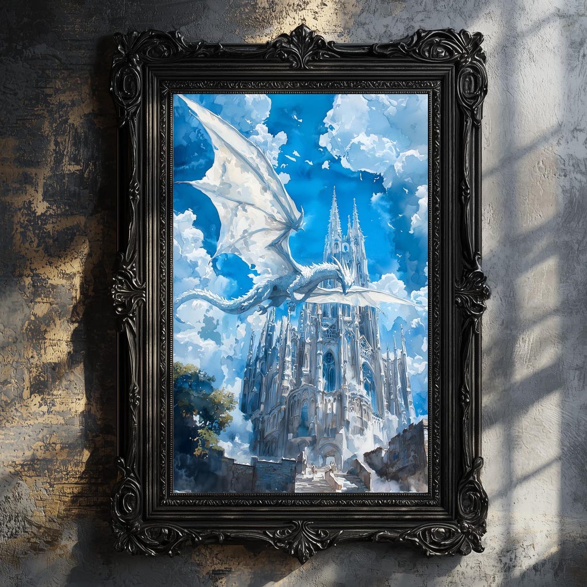 White Dragon Flying Gothic Cathedral Blue Sky Fantasy Art Poster - Image 2