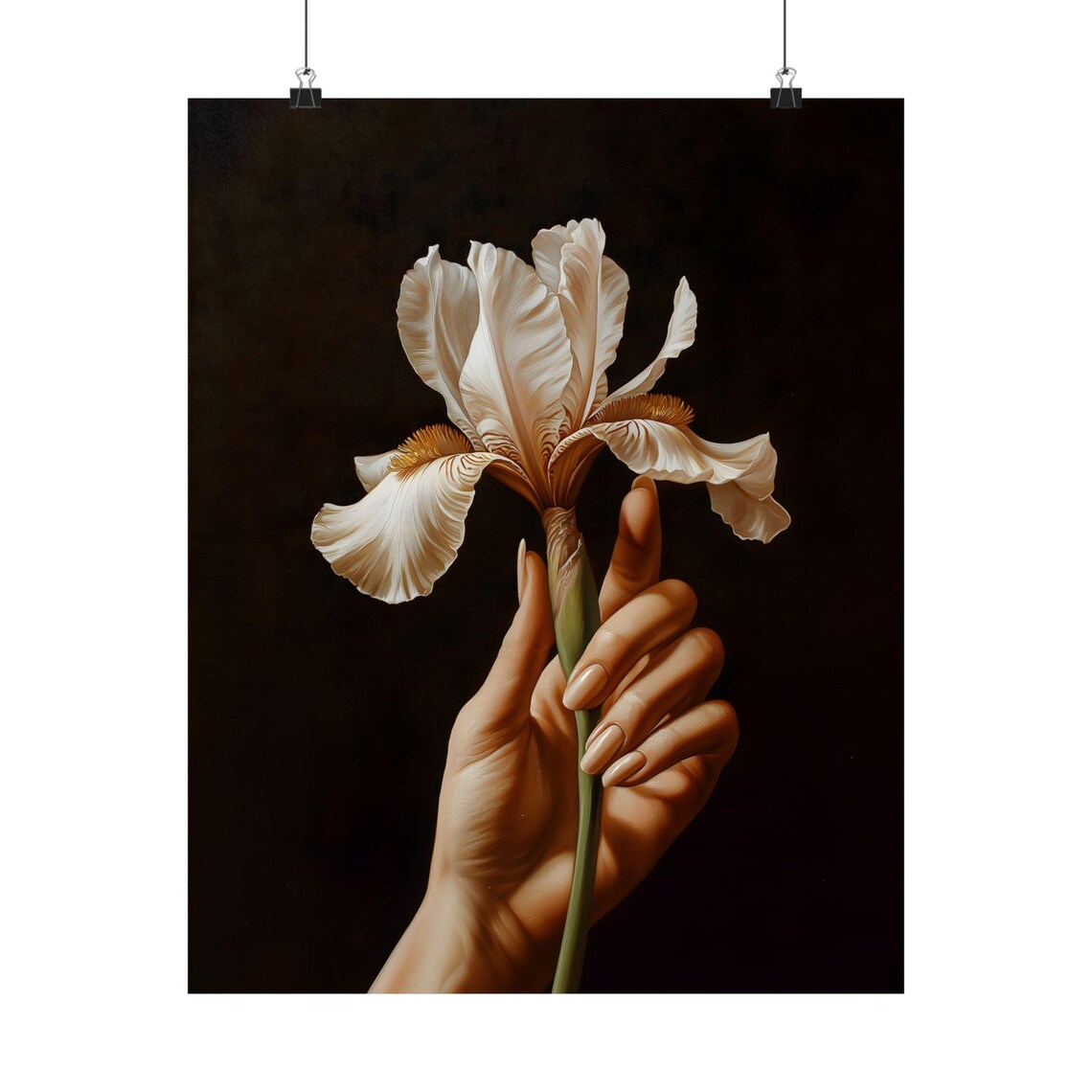 Hand Holding Cream Iris Flower Dark Background Moody Botanical Art Print - Image 2