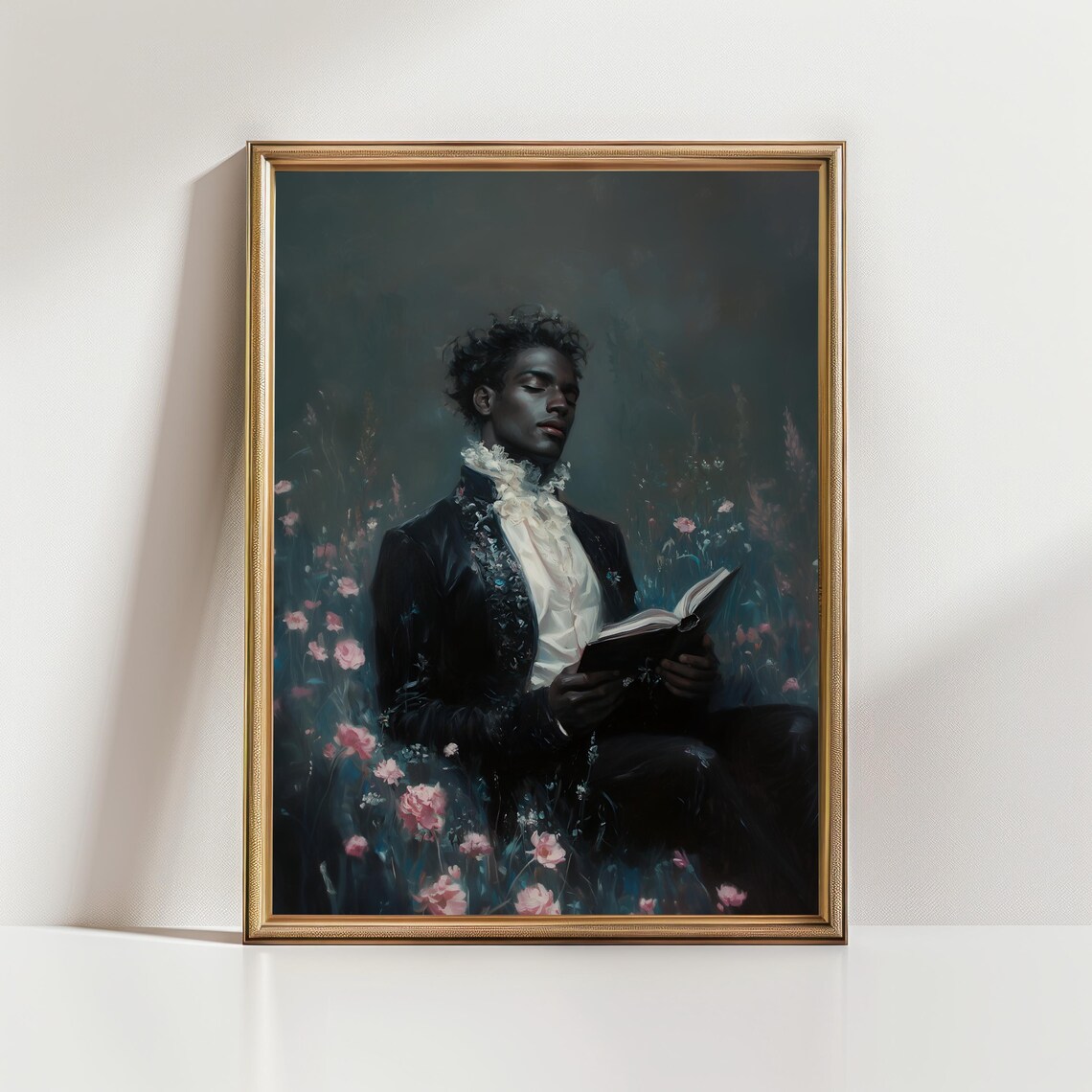 Elegant Gentleman Reading In Dark Pink Flower Field Victorian Bookish Poster - Image 3