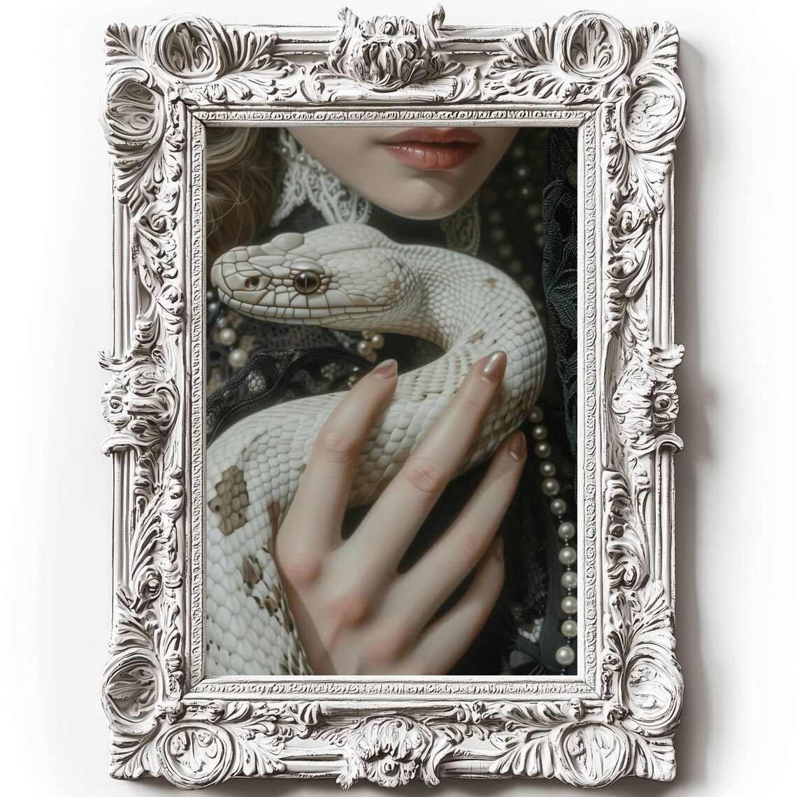 Woman Holding White Snake Black Lace Pearls Dark Moody Witchy Art Poster