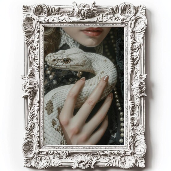 White Snake Victorian Art Altered Print Moody Painting Vintage Woman Print Victorian Decor Wall Art Dark Moody Antique Art Lace Pearls