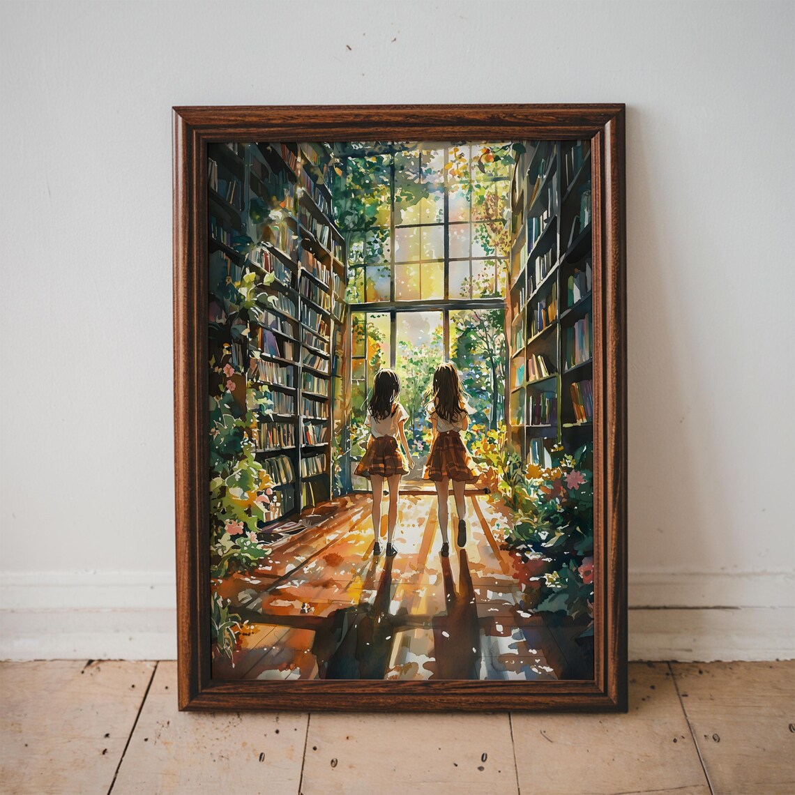 Two Girls Walking Sunlit Library Aisle Greenhouse Art Poster - Image 2