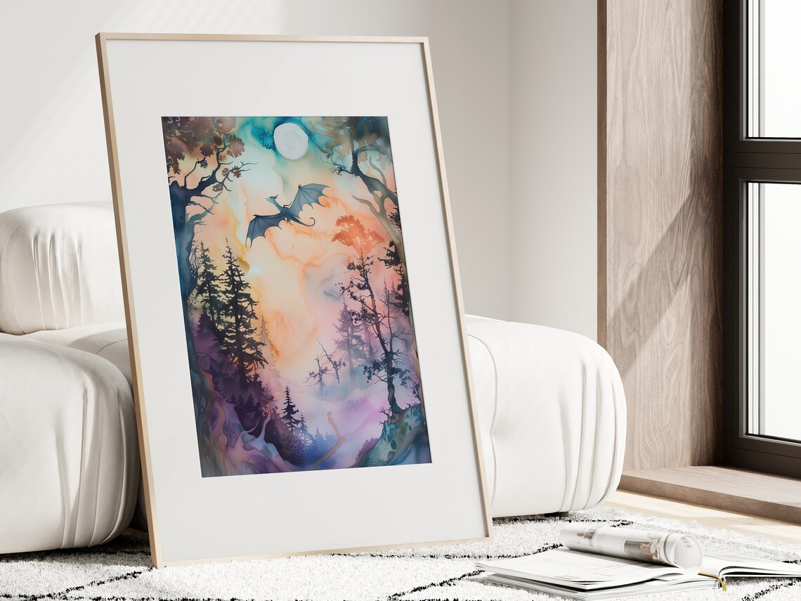 Nursery Forest Dragon Watercolor Art Poster Print Fantasy Art Forest And A Dragon Fantasy Painting Watercolor Illustration Dark Academia - Image 3