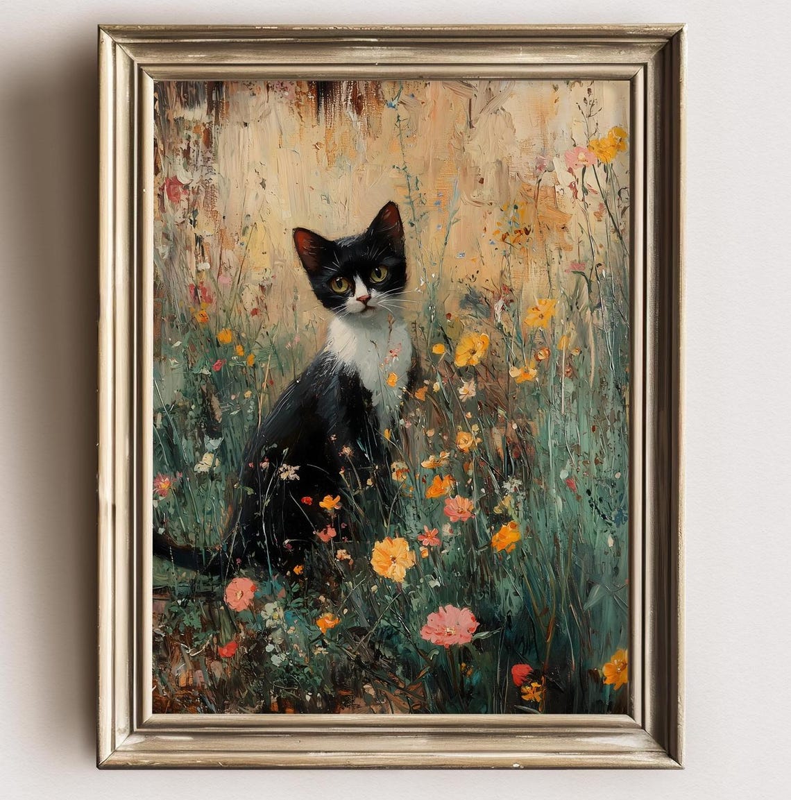Tuxedo Cat Sitting Wildflower Meadow Impressionist Floral Art Print