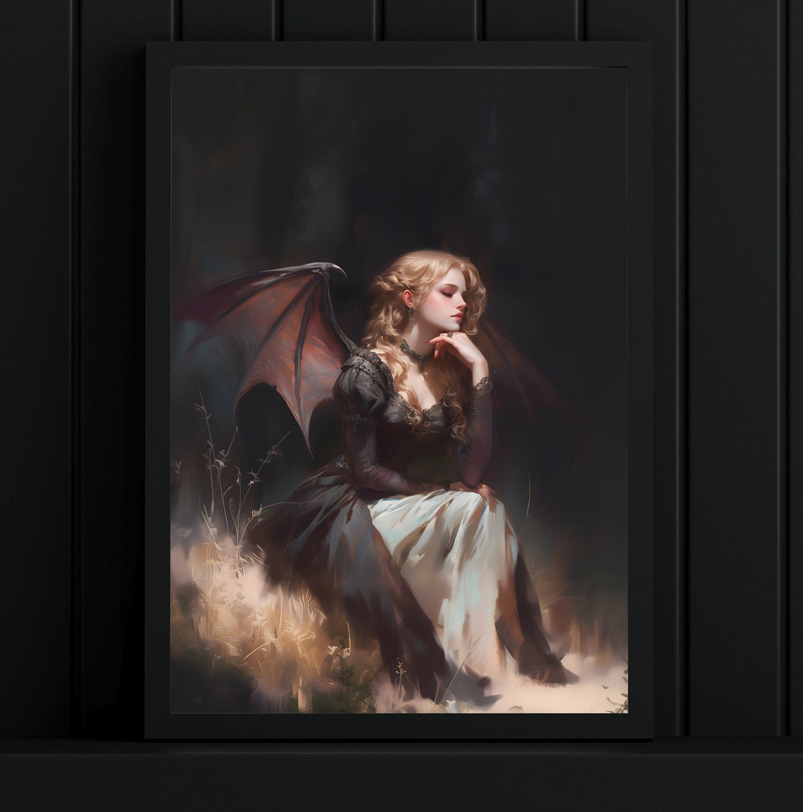 Blond Succubus Bat Wings Black Dress Moonlit Gothic Oil Painting Print - Image 4
