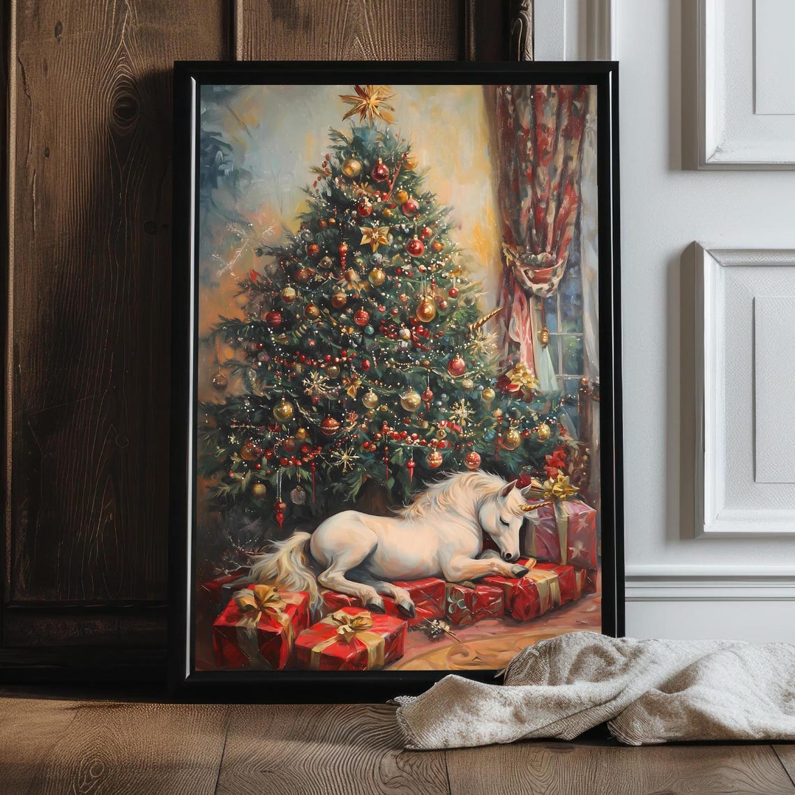 White Unicorn Foal Sleeping By Christmas Tree With Gifts Art Poster