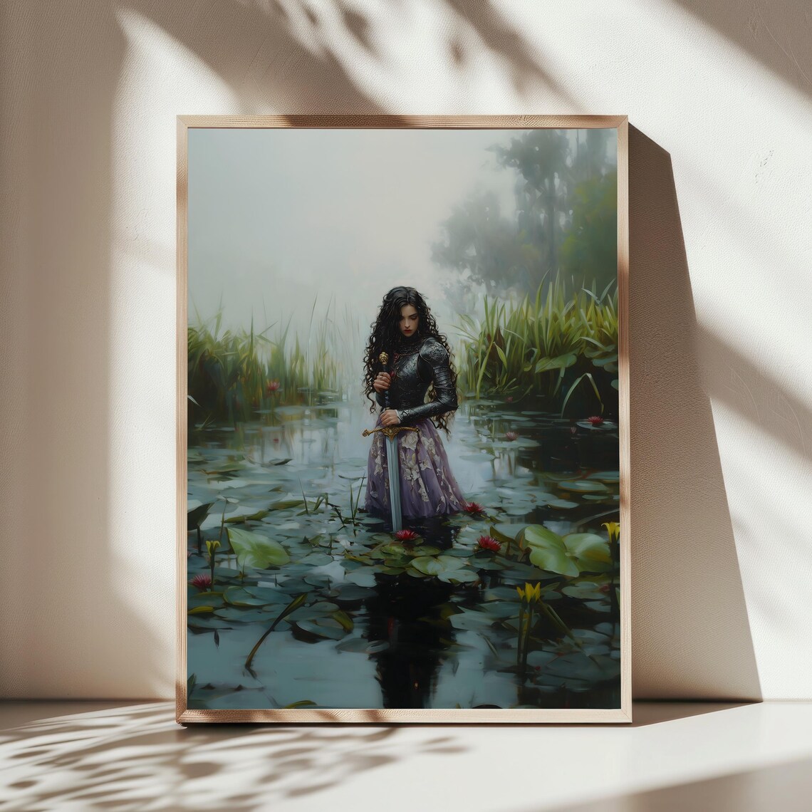 Armored Lady With Sword Standing in Misty Water Lily Pond Dark Print - Image 2