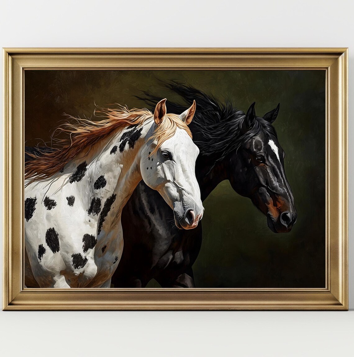 Appaloosa And Black Horse Heads Dark Background Equestrian Art Print