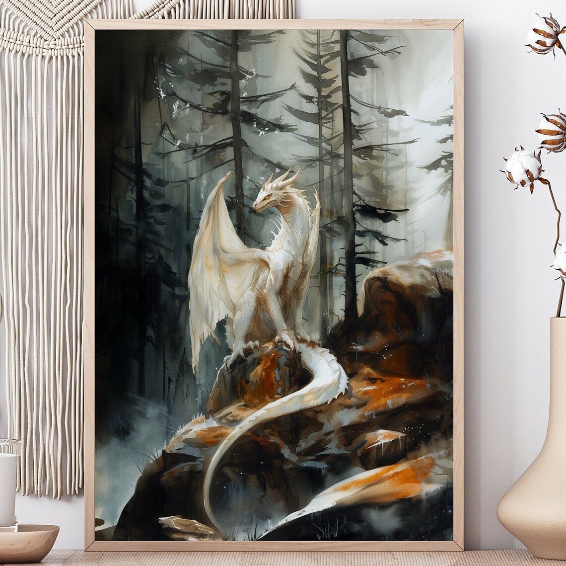 Forest White Dragon Watercolor, Dark Academia Art Print