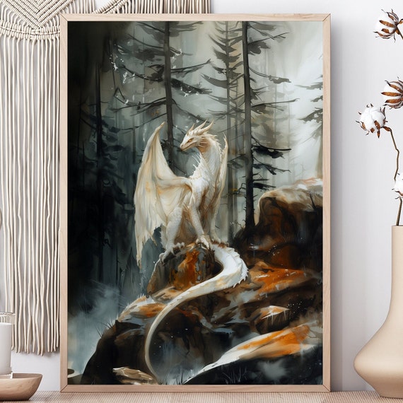 Forest White Dragon Watercolor, Dark Academia Art Print