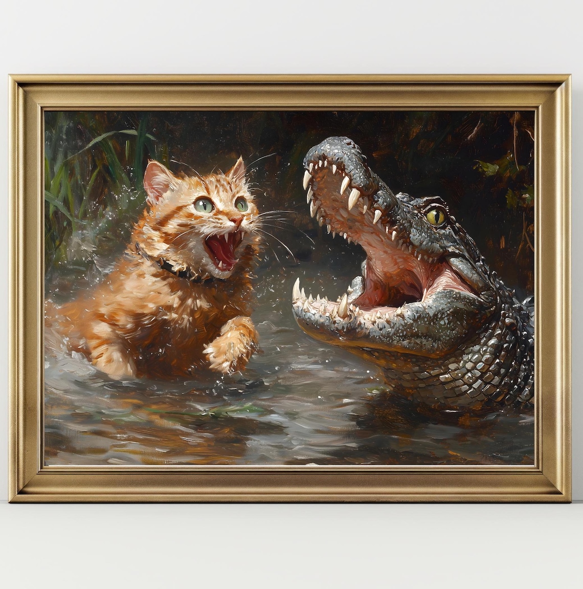 Cat Fighting a Crocodile, Vintage Funny Art Print