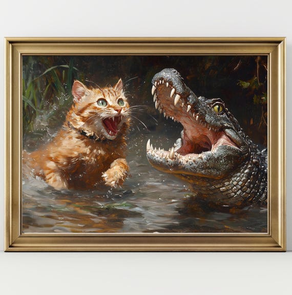 Cat Fighting a Crocodile, Vintage Funny Art Print